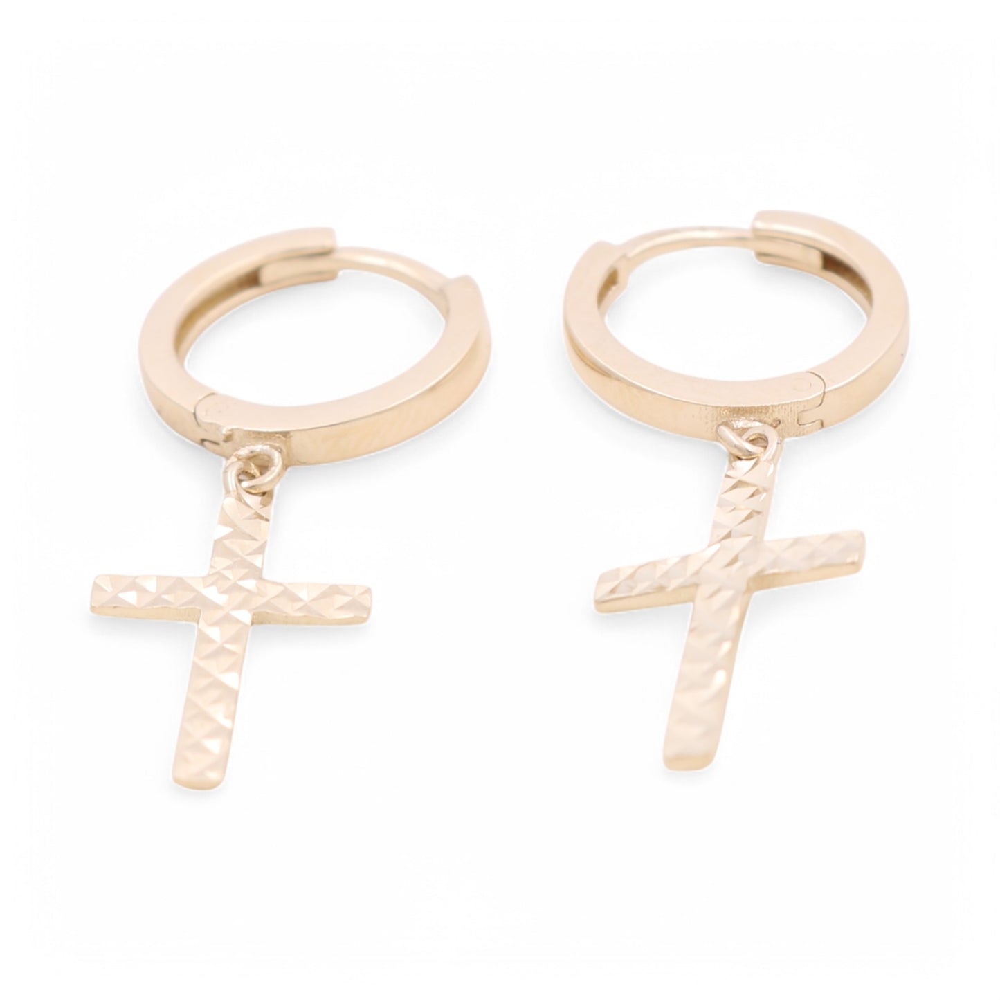 14K Yellow Gold Hoops Earrings with Diamond Cut Hanging Cross / Weight: 2.1 GR / DOEH4DCCS