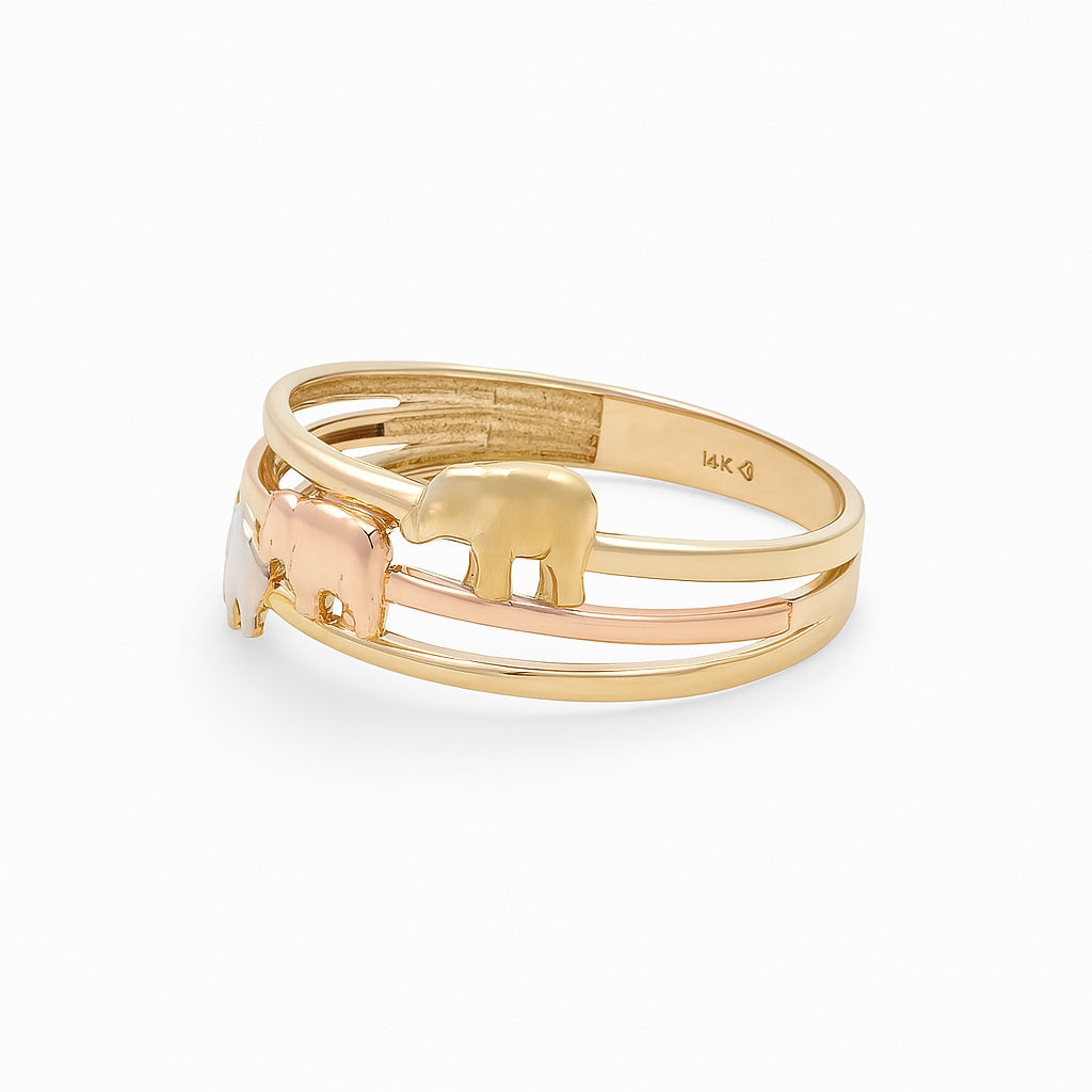 14K Yellow, Rose and White Gold Three Elephants Women's Ring / Size: 8.5 / Weight: 2.1 GR / DQWR3T4EP