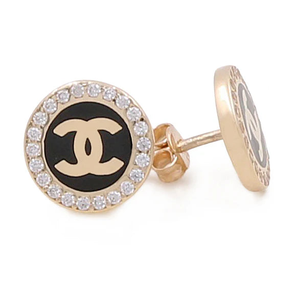 14K Yellow Gold CC Women's Stud Earrings with Onyx / Weight: 3.2GR / P04C-159