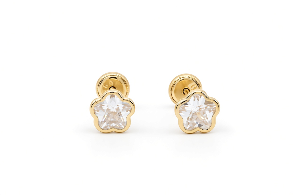 14K Yellow Gold Fashion Flower Stud Earrings with Cz / 6-756901PS