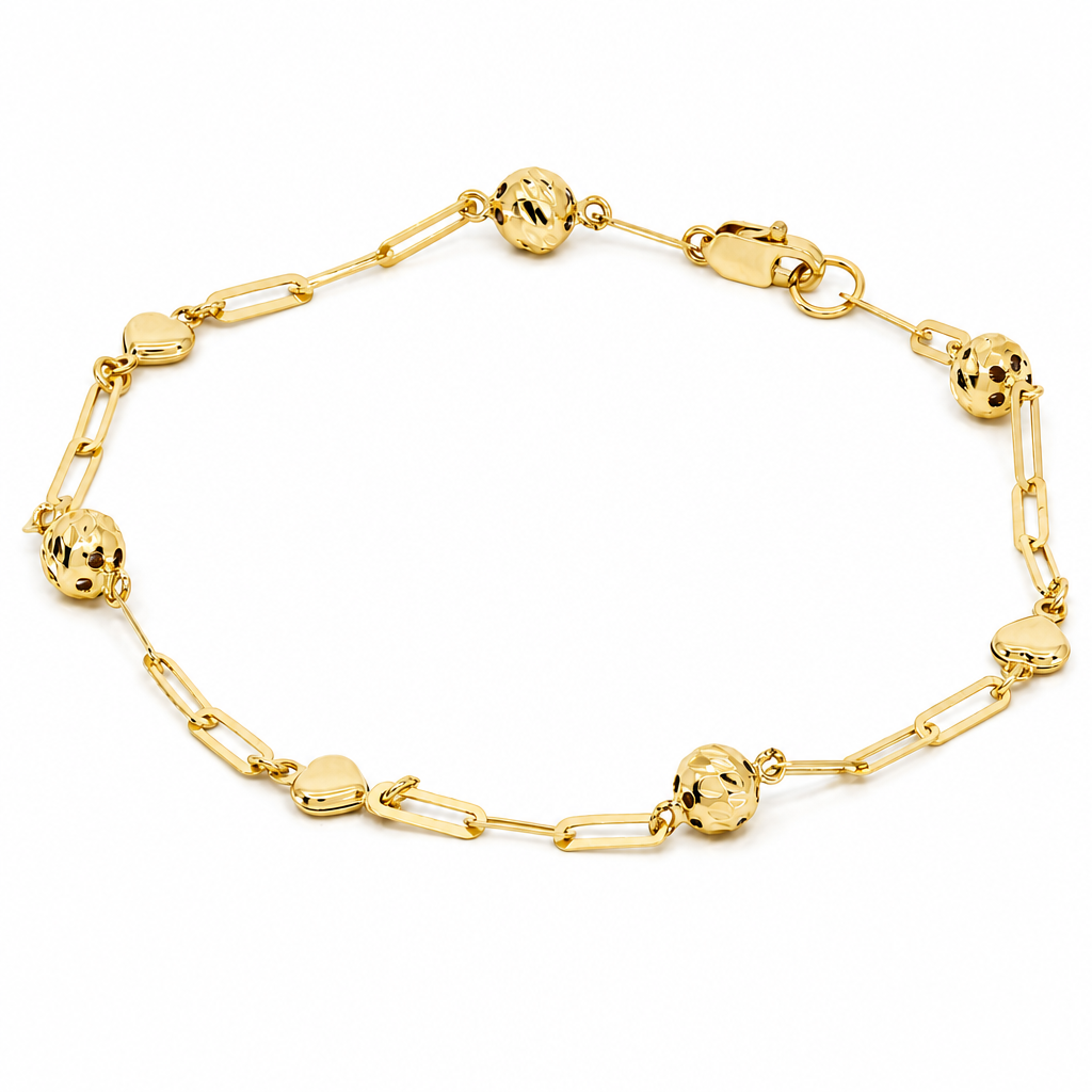 14K Yellow Gold Paper Clip Women's Bracelet with Hearts and Balls / Size: 7'' / Weight: 2.3 GR / BCFWB4PCHR