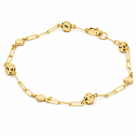14K Yellow Gold Paper Clip Women's Bracelet with Hearts and Balls / Size: 7'' / Weight: 2.3 GR / BCFWB4PCHR