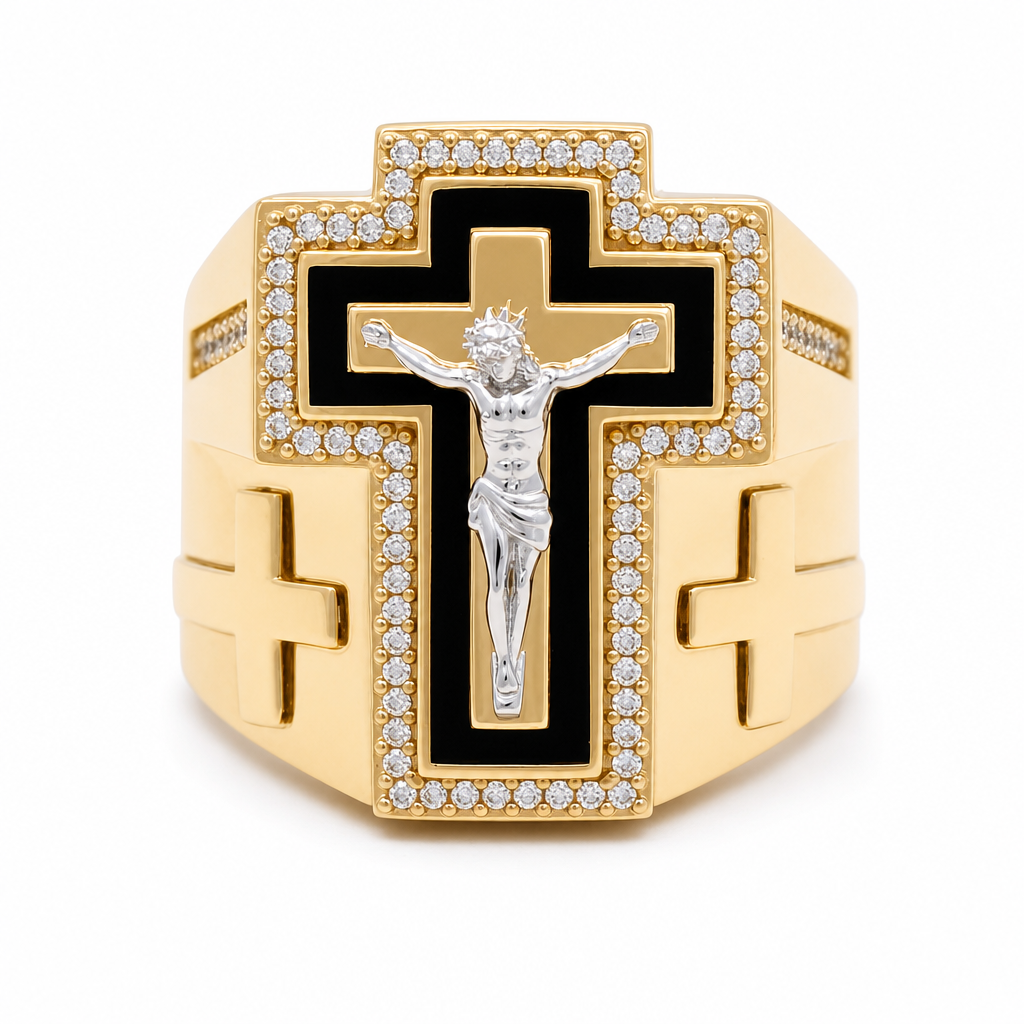 14K I Yellow Gold Men's Ring with a Cross and Christ / Stone: Onyx Cz / Size: 11 / Weight: 12.5 GR