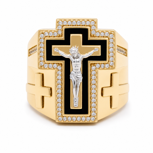 14K I Yellow Gold Men's Ring with a Cross and Christ / Stone: Onyx Cz / Size: 11 / Weight: 12.5 GR