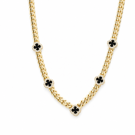 10K Yellow Gold Monaco Women's Necklace with Five Black Clover / CZ / Size: 18.5" 5MM / Weight: 19.5 GR / DONK0MONCLV-2