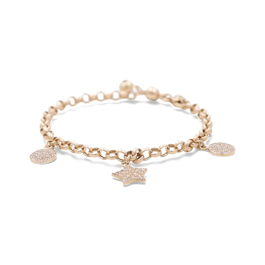 14k Yellow Gold Rolo Link Women's Bracelet with Star and Cz / Size: 7.5" / Weight: 5 GR / CCFWB4ST