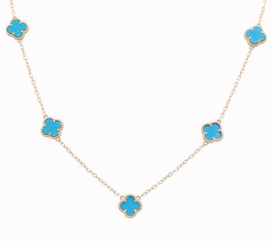 14K Yellow Gold Women's Necklace with 5 Light Blue Clover