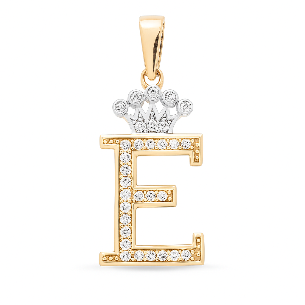 14K Yellow and White Gold Initial E with Crown / Stone: Cz / Weight: 0.9 GR / 73251E