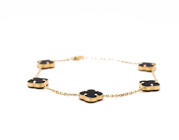 14K Yellow Gold Women's Bracelet with Five Black Clover / Size: 7.5"  9mm / Weight: 4.5 GR / BCFWB4CLV-1