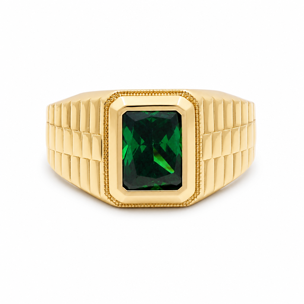 10K  Yellow Gold Fashion Men's Ring with Green Cz Stone / Size: 11.5 / Weight: 4.8 GR / DQMR0FS-10
