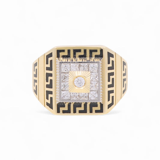 14k Two Square Men's Greek Ring with Black Enamel and Cz / Size 10 / Weight 8.8 GR / COMR4SQTTBEGRCZ
