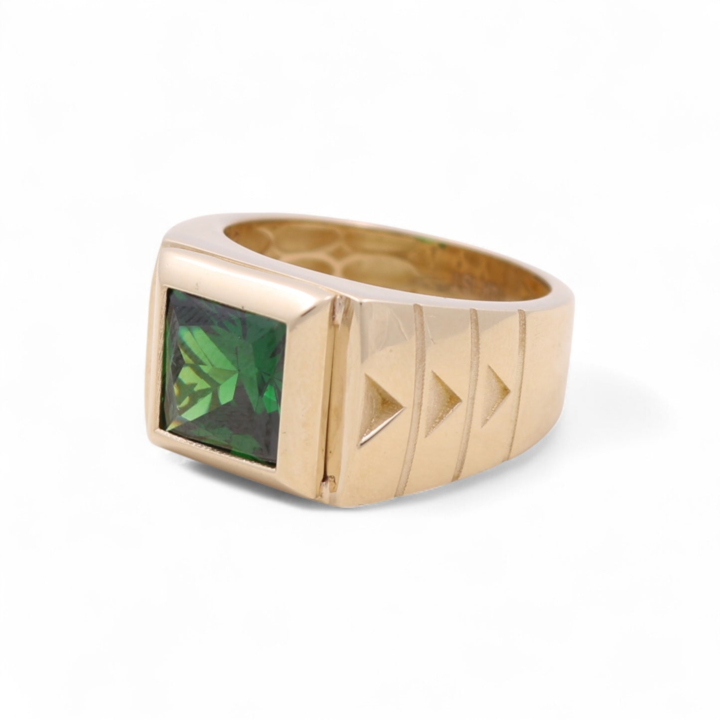 14K Yellow Gold SQ Fashion Men's Ring with Green Cz / Size: 12 / Weight 8.5 GR / BOMR4FS-49