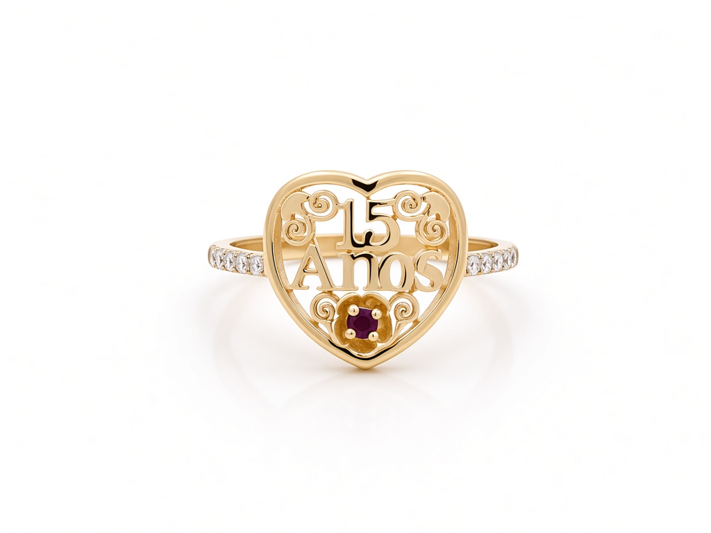 10K Yellow Gold Quinceanera Women's Ring with Heart and Cz / Size: 7.5 / Weight: 1.5 GR / DQWR0HR-13