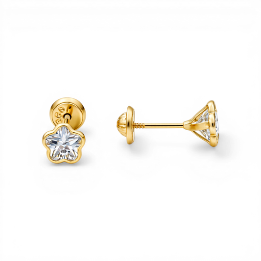14k Yellow Gold Flower Stud Earrings with Cz / 6-756801PS