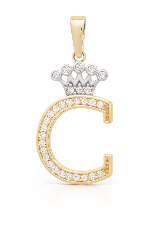14K Yellow and White Gold Initial C with Crown / Size: 25.5mm / Stone: Cz / Weight: 0.9GR / 73251C