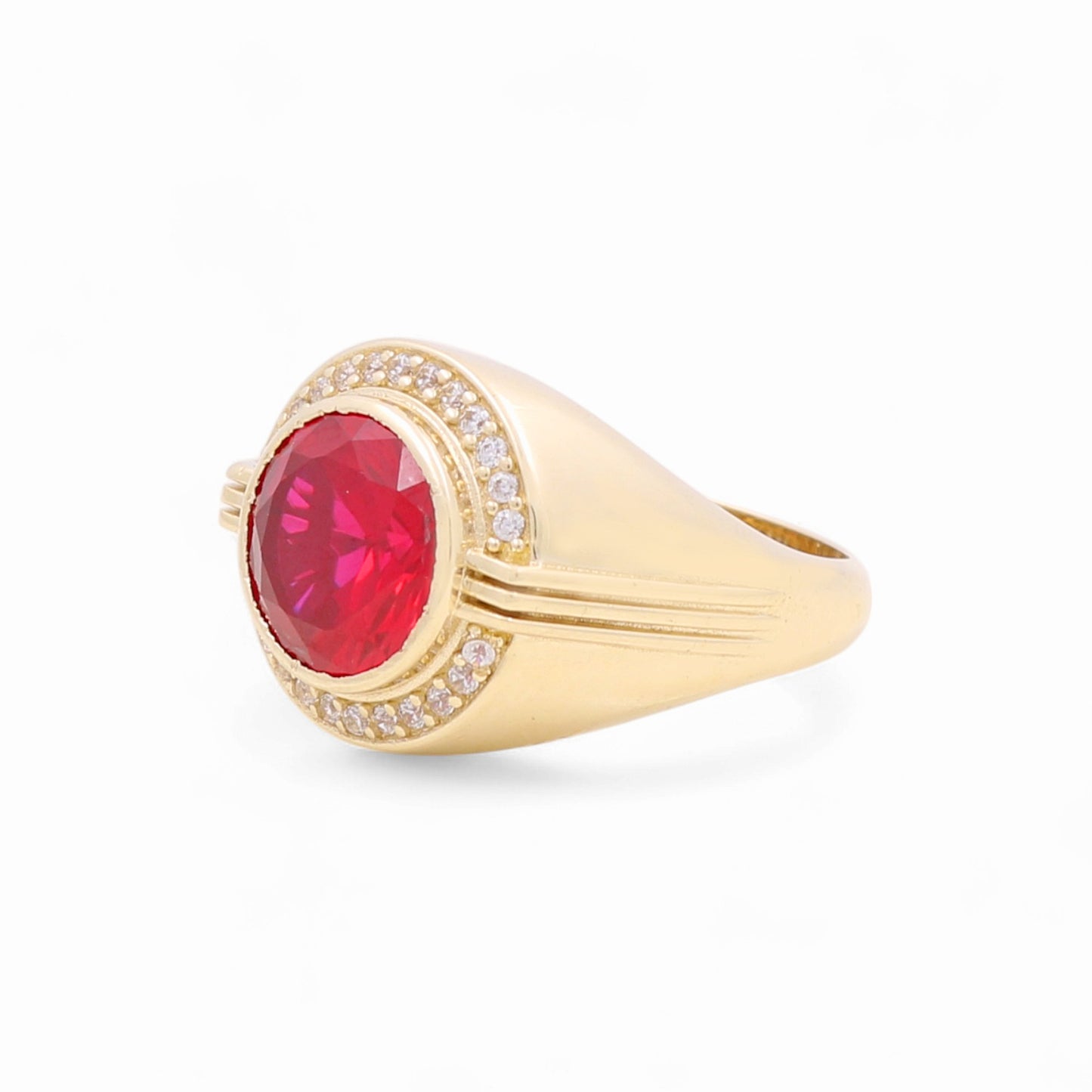 14K Yellow Gold Fashion Round Men's Ring with Red and White Cz / Size 10 / Weight: 8.1 GR
