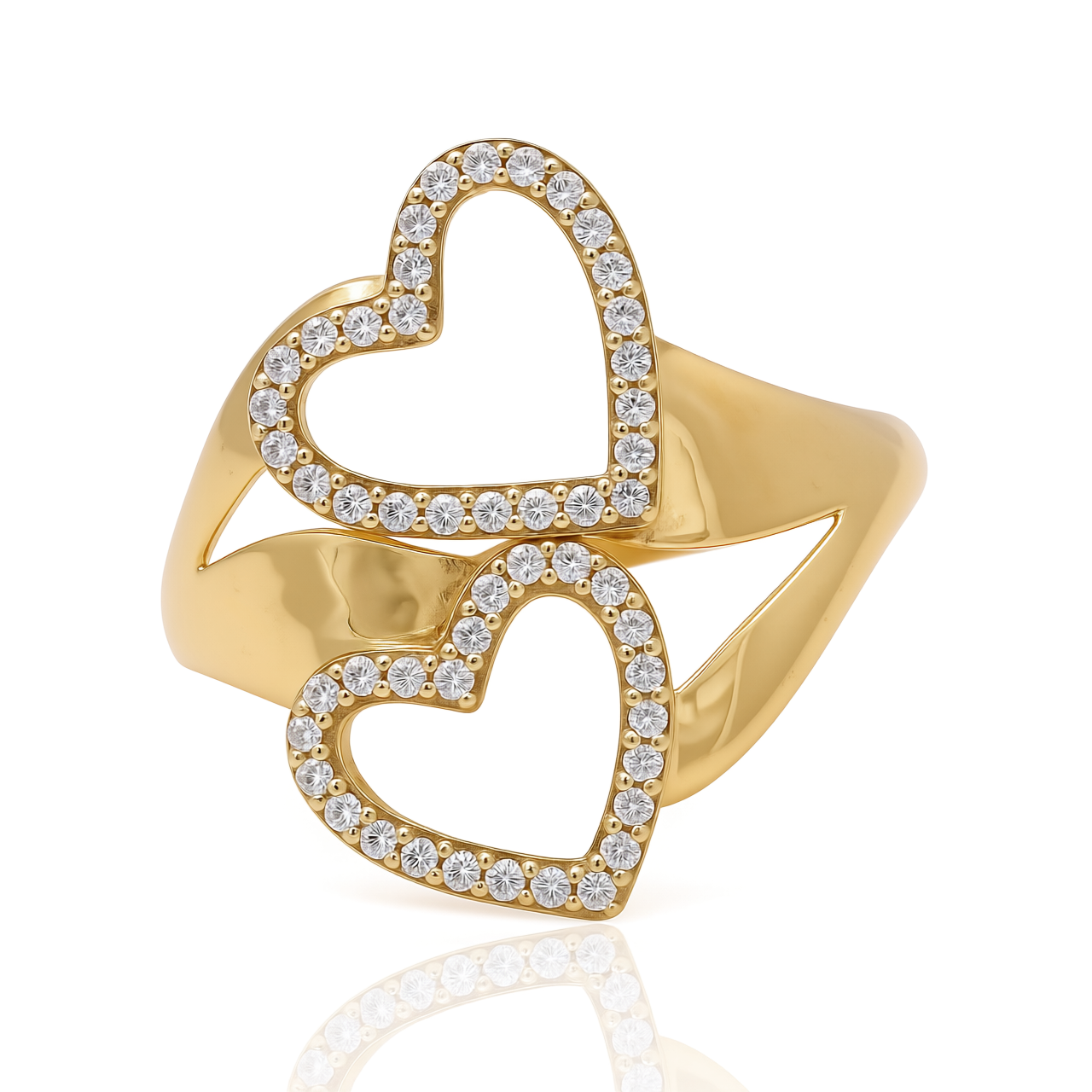 14K Yellow Gold Two Fashion Hearts Women's Ring with Cz / Size: 7.5 / Weight: 3 GR / CEEWR4HR-6