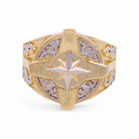 14K Yellow and White Gold Compass Men's Ring  / Size: 10 / Weight: 5.8 GR / KEEMRTT4CP