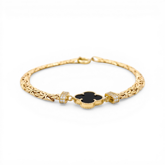10K Yellow Gold Byzantine Women's Bracelet with Black Clover and Cz / Size: 7.5" / Weight: 5.9 GR / CQWB0BZCLV