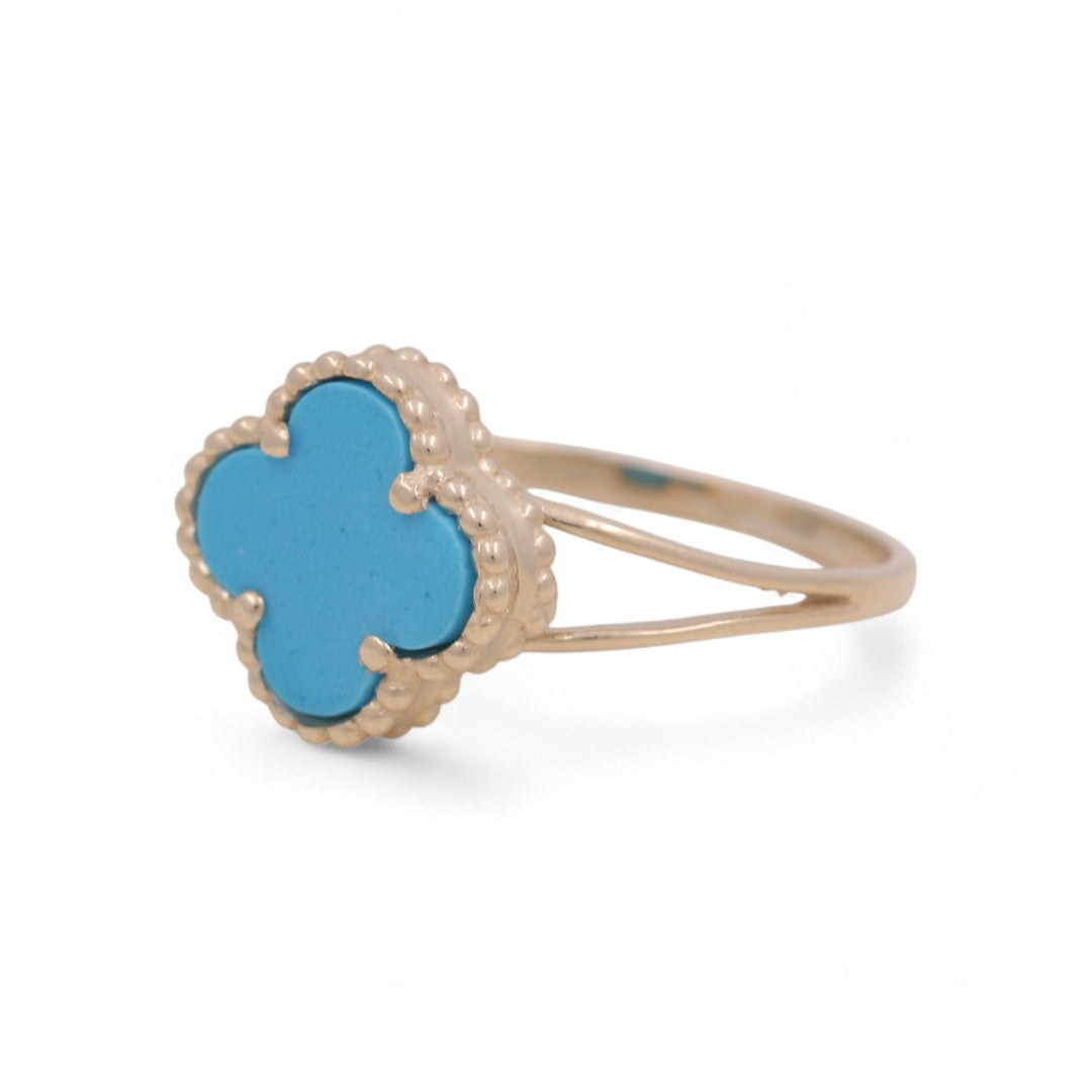 Anillo de oro amarillo de 14 quilates con trébol azul claro para mujer / Tamaño: 7,5 / Peso: 2,1 GR / BOWR4CLV-12