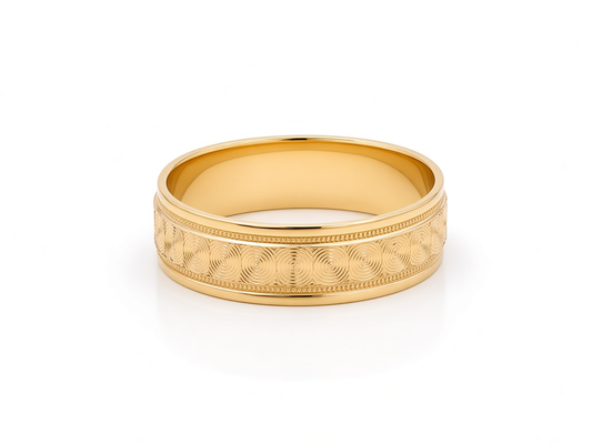 14K Yellow Gold Men's Wedding Band with Design / Size: 10 / Weight: 5.5 GR / WBEEMWB4DS-8
