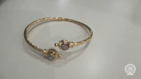 14K Yellow Gold Semisolid Twist Bangle Bracelet with Blue and Purple Cz / Weight: 6.6 GR / BKC851