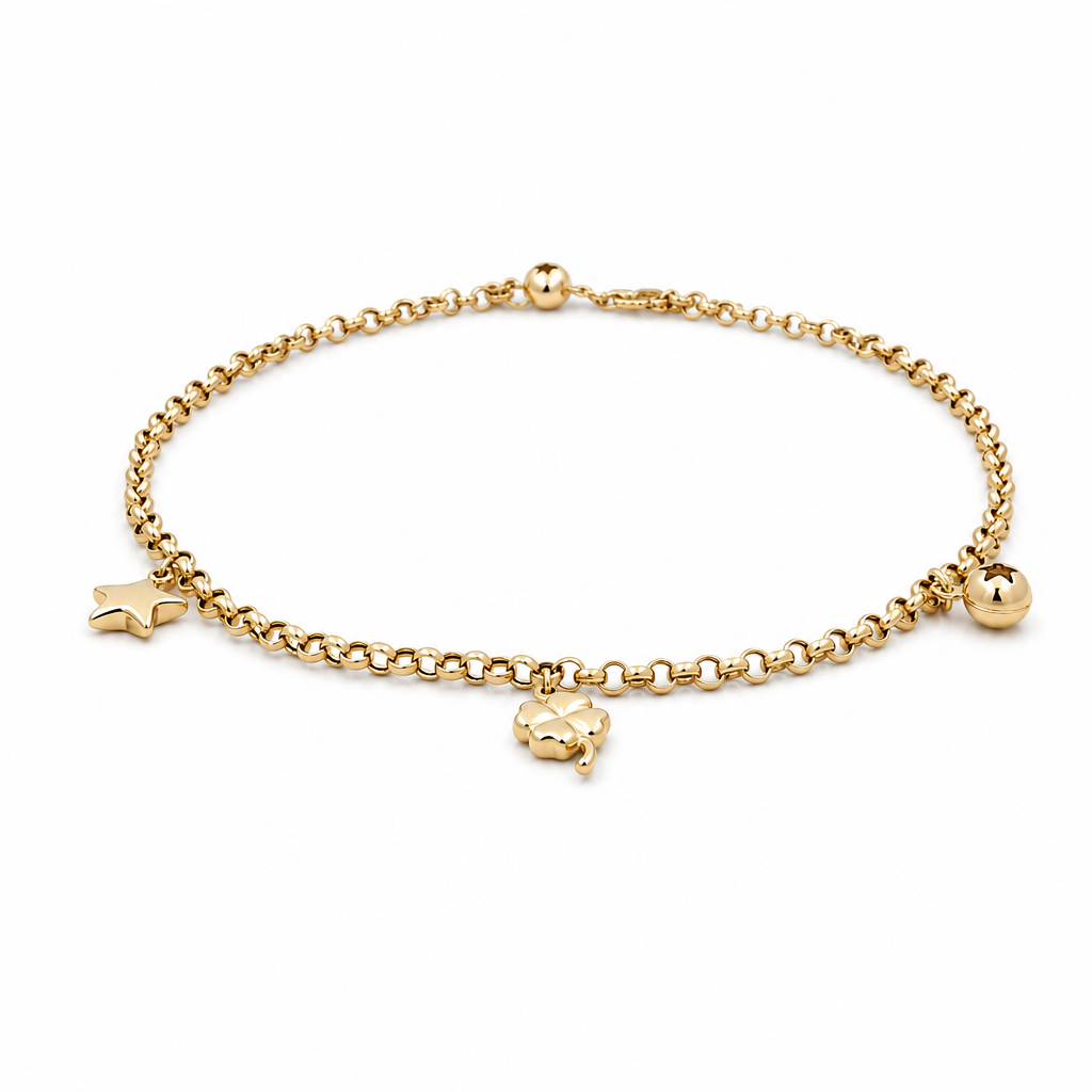 14k Yellow Gold Rolo Link Women's Anklet Bracelet with Charms and Cz / Size: 10.5" / Weight: 4 GR / CCFAB4FS-4