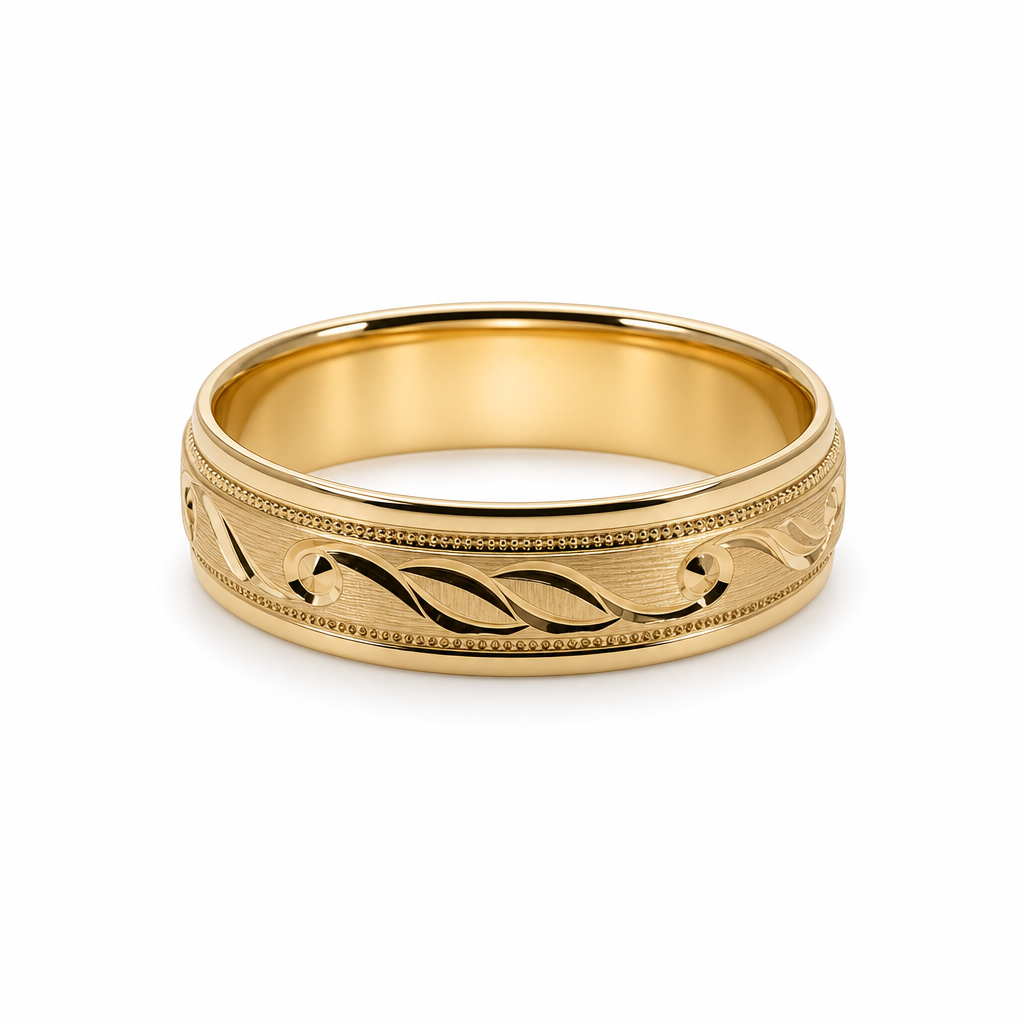 14K Yellow Gold Men's Wedding Band With Design / Size: 10 / Weight: 5.2 GR / WBEEMWB4DS-19