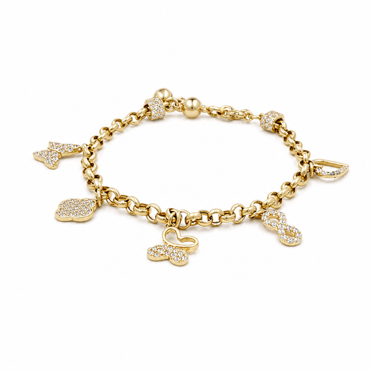 14k Yellow Gold Rolo Link Women's Bracelet with Charms and Cz / Size: 7.5" / Weight: 7 GR / CCFWB4FS-9