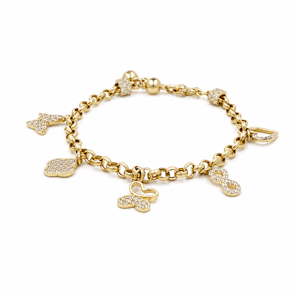 14k Yellow Gold Rolo Link Women's Bracelet with Charms and Cz / Size: 7.5" / Weight: 7 GR / CCFWB4FS-9