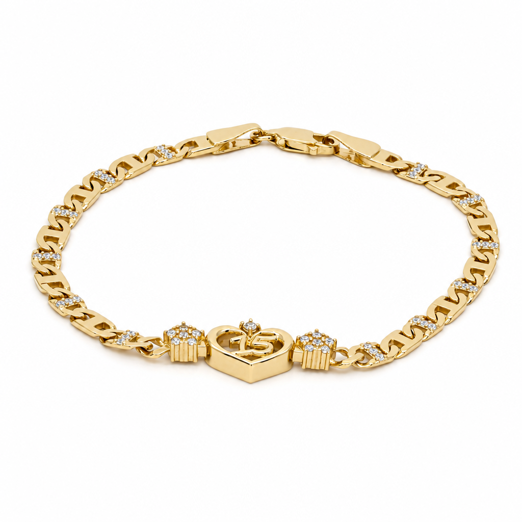 Pulsera de quinceañera para mujer de oro amarillo 10K con corazón y zirconia / Medida: 7'' / Peso: 6.1 GR / LLBWB0HR15