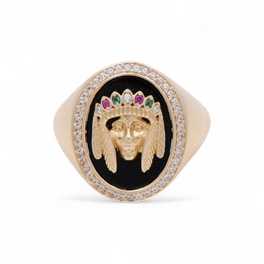 14K Yellow Gold Indian Oval Men's Ring with Onyx and Cz / Size: 10 / Weight: 8.1 GR / CQMR4IN-1