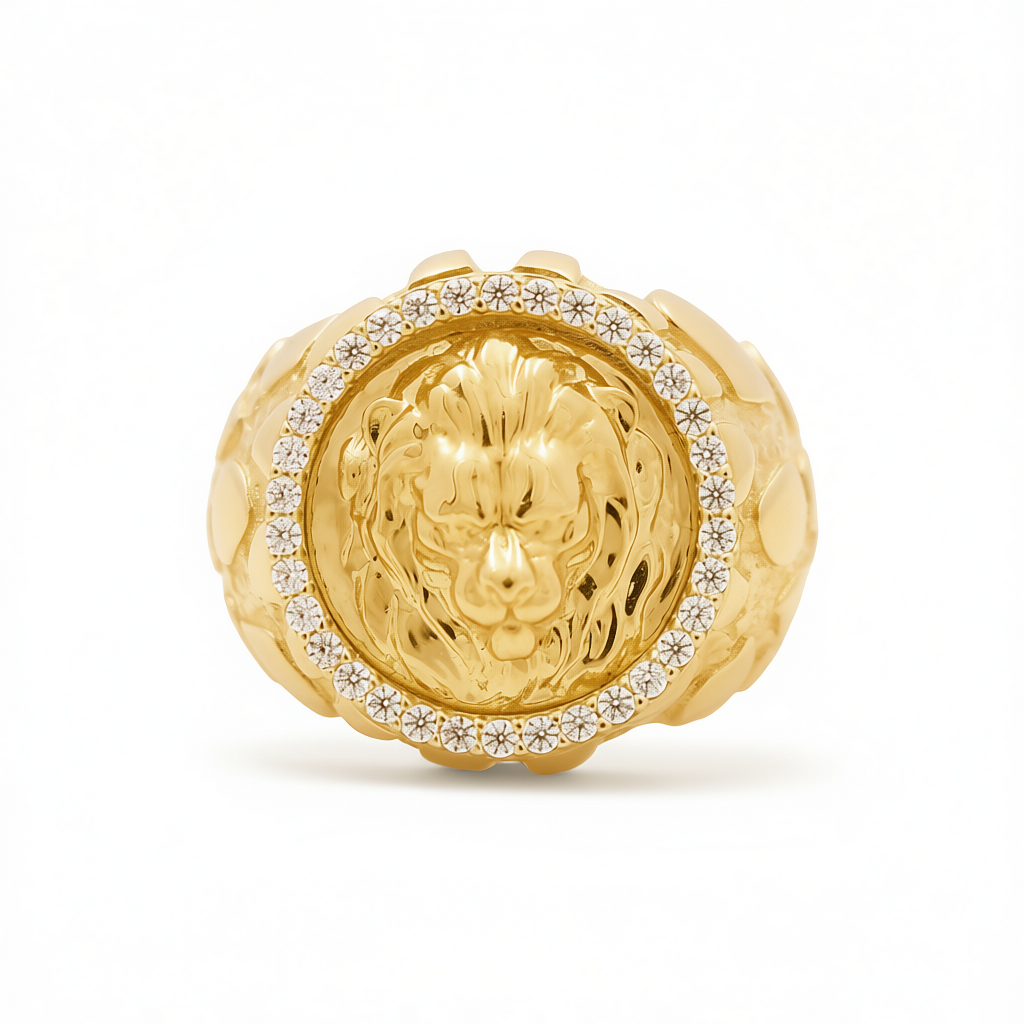 14K Yellow Gold RD Lion Men's Ring with Nugget Design and Cz / Size: 11.5 / Weight: 12 GR / DQMR4LN