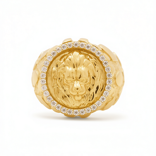 14K Yellow Gold RD Lion Men's Ring with Nugget Design and Cz / Size: 11.5 / Weight: 12 GR / DQMR4LN
