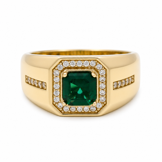 10K  Yellow Gold Men's Ring with Cz and Green Stone  / Size: 10 / Weight: 4.9 GR