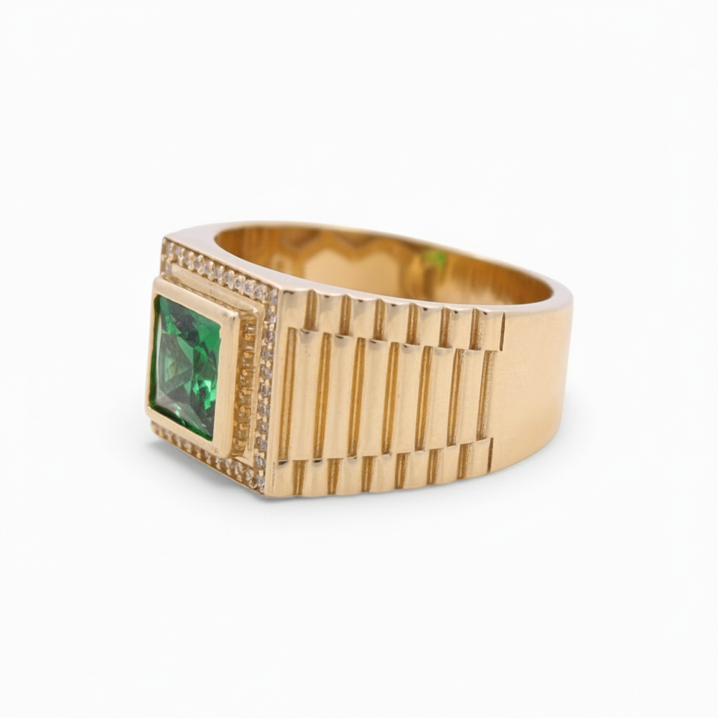 14K Yellow Gold Fashion Square Men's Ring with Green Cz / Size 11 / Weight: 8.9 GR / COMR4FS-74
