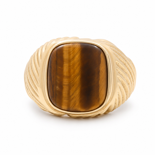 14k Yellow Gold SQ Fashion Men's Ring with Brown Stone / Size: 10 / Weight: 8.3 GR / BOMR4FS