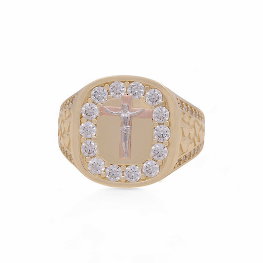 10K Tricolor Gold Cross with Christ Men's Ring / CZ / Size: 9.5 / Weight: 6.3 GR / DPMR3T0CRS-1