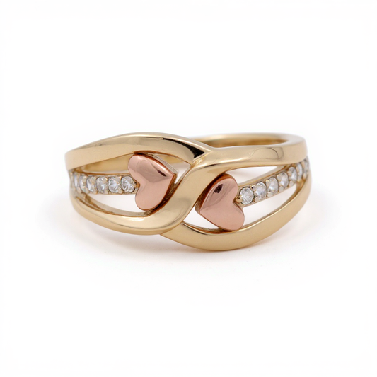 14K Yellow and Rose Gold Two Hearts Women's Ring with Cz / Size: 7 / Weight: 3.3 GR / CEEWRTT4HR