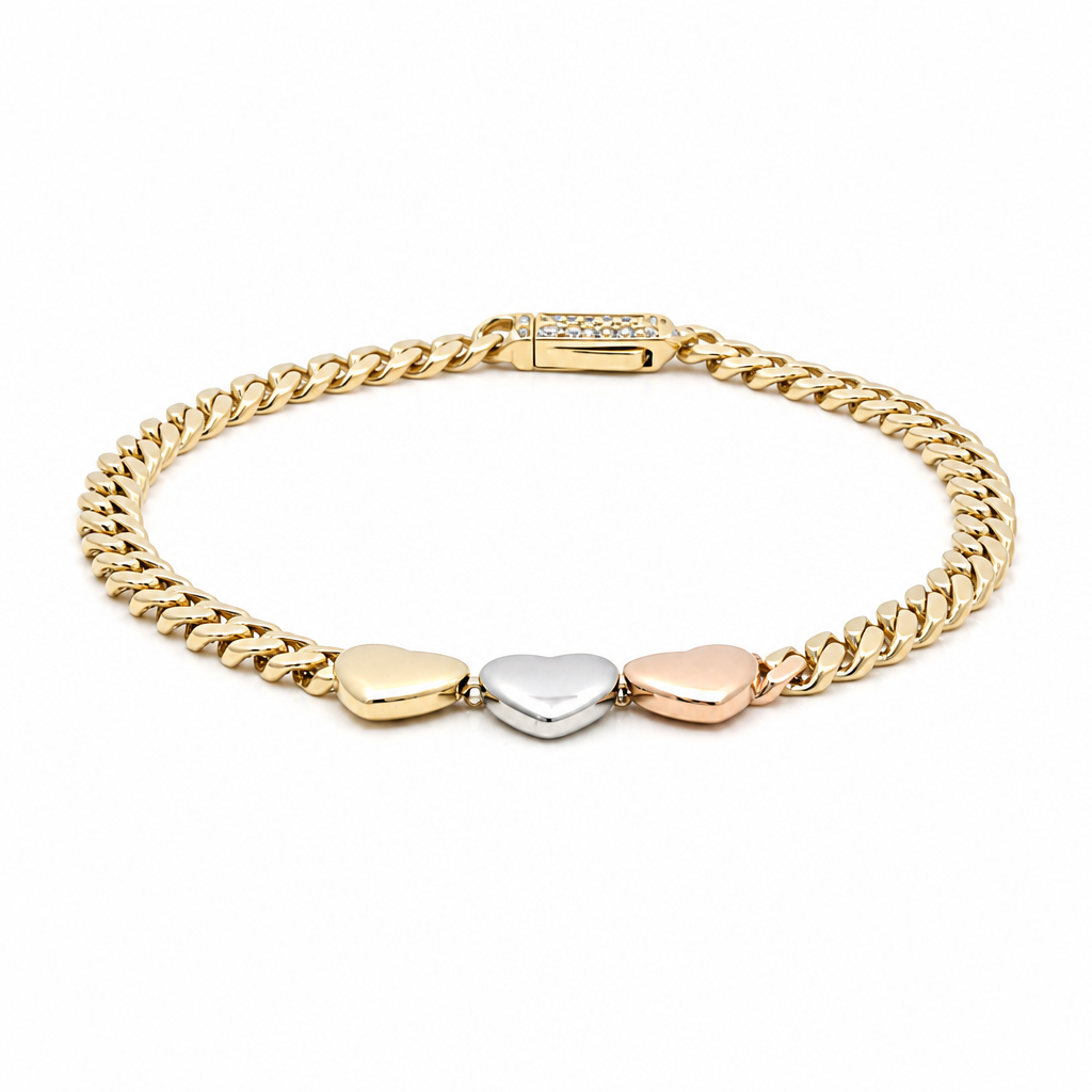 10K Yellow, White and Rose Gold Monaco Women's Bracelet with Hearts / Cz / Size: 7" 4MM / Weight: 4.8 GR / DQWB3T0HR