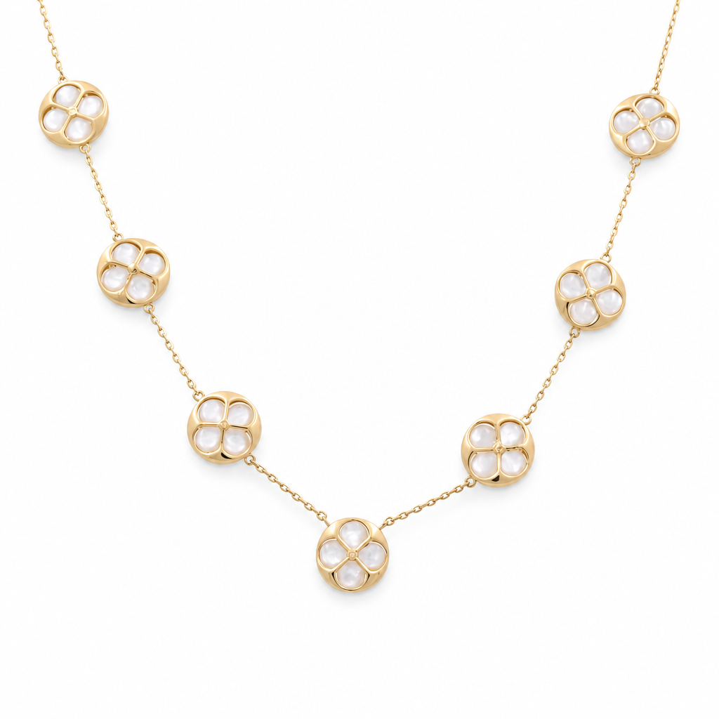 14K Yellow Gold  Women's Necklace with Seven Mother of Pearl  Flowers / Size:18” / Weight: 10.8 GR