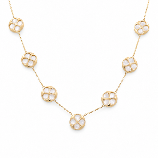 14K Yellow Gold  Women's Necklace with Seven Mother of Pearl  Flowers / Size:18” / Weight: 10.8 GR / BONK4FL