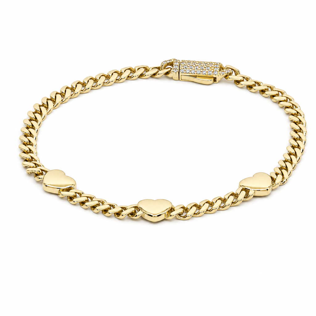 14K  Yellow Gold Monaco with Heart & Cz Stone Women's Bracelet / Size: 4mm-7'' / Weight: 6.1gr / MN-4655