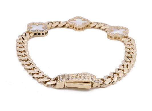 Pulsera de oro amarillo de 14 quilates con trébol blanco y Mónaco / Tamaño: 7,5” / CZ / Peso: 13,0 GR / COWB4CLV-2