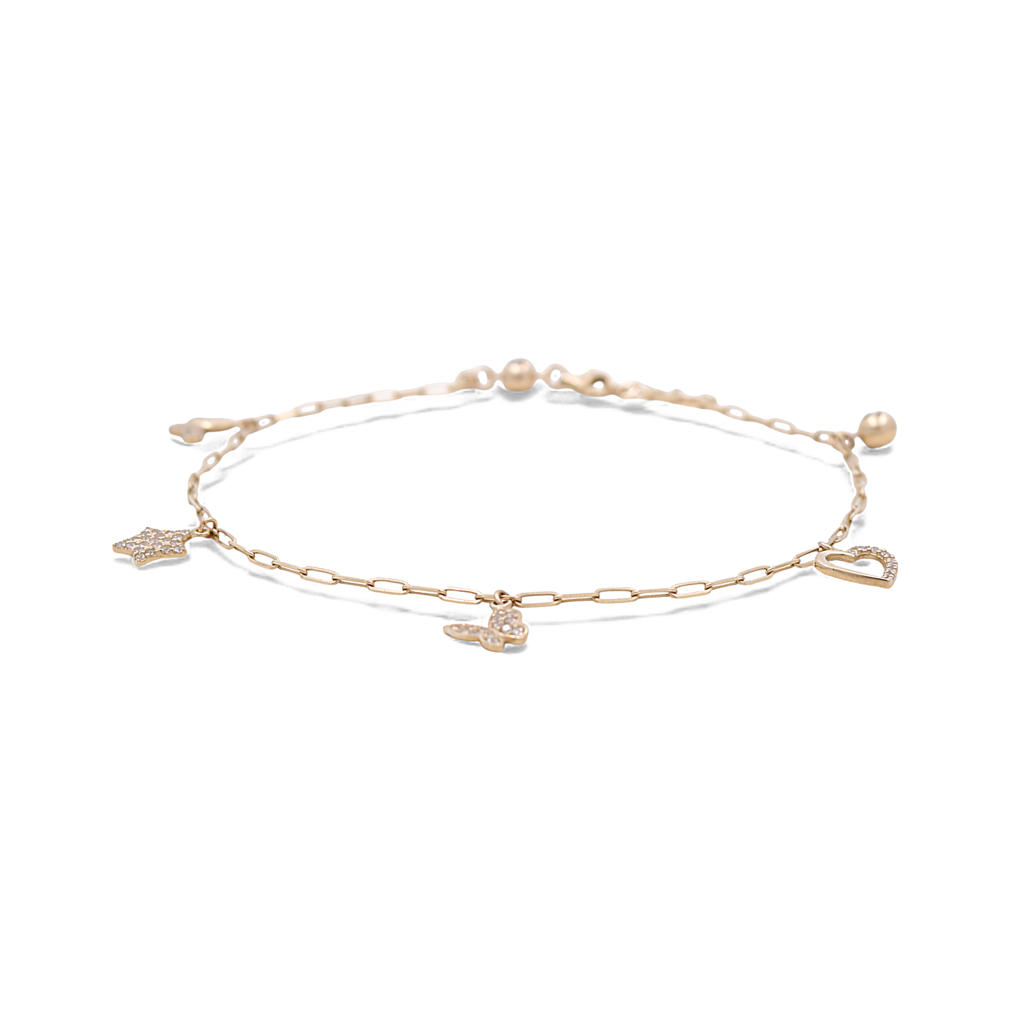 14k Yellow Gold Paper Clip Link Women's Anklet Bracelet with Charms and Cz / Size: 10.5" / Weight: 5 GR / CCFAB4PC-1
