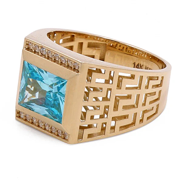 BOMR4FS-20 14k B Cz Size 9.5sz Weight 7.0grCuadrado Mens Ring with Greek and Light Blue Cz