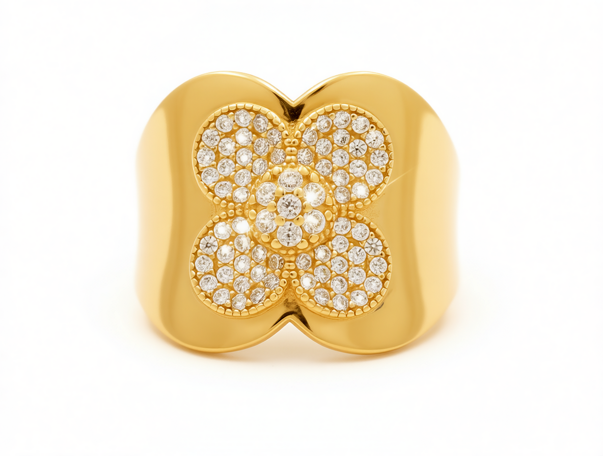10K Yellow Gold Flower Women's Ring with White Cz / Size: 8.5 / Weight: 3.2 GR