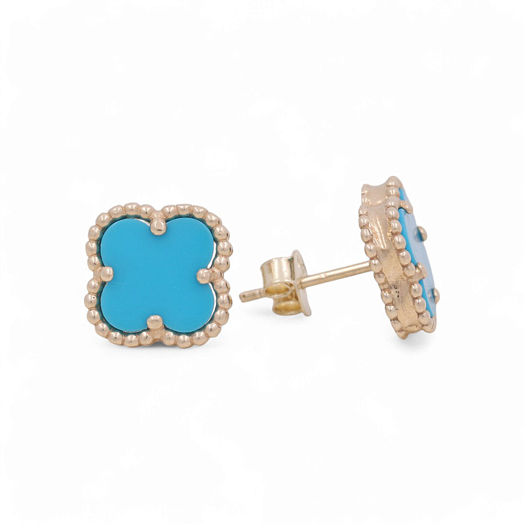 14K Yellow Gold Women’s Light Blue Clover Stud Earrings