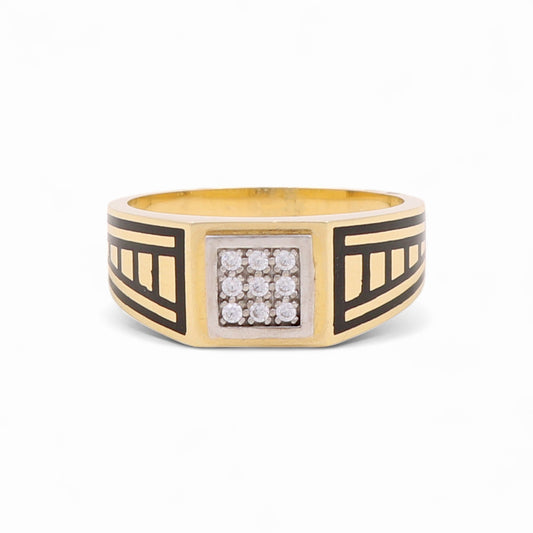14k Two Tone Square Men's Ring with Black Enamel and Cz / Size 11 / Weight 5.8 GR / COMR4SQTTBECZ-3