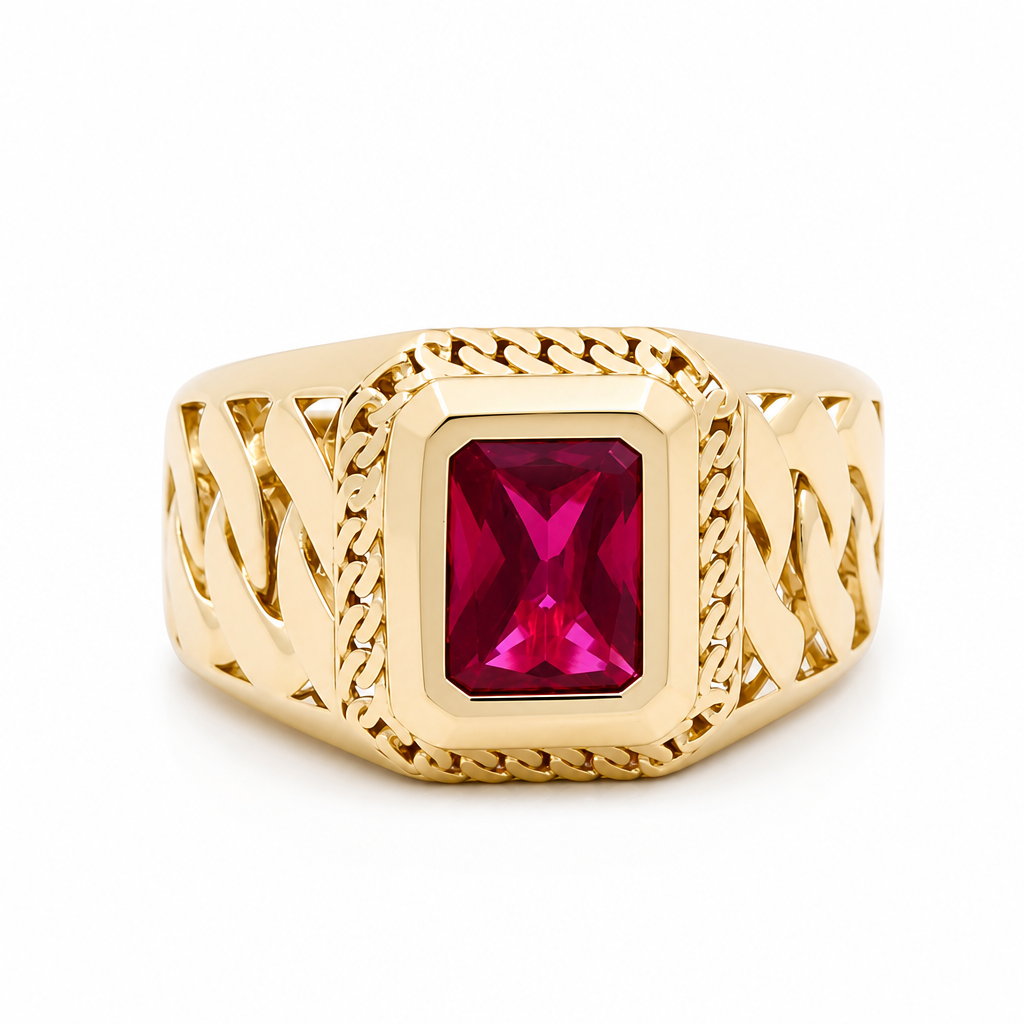 10K Yellow Gold Men's Ring With Red Cz Stone / Size:12  / Weight: 5.7 GR / DQMR0FS-9